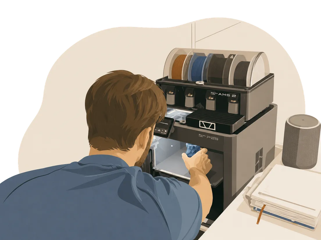 Illustratie van Rob die een blauwe 3D-print uit zijn Bambu Lab P2S haalt, met AMS 2 en filamentrollen erbovenop