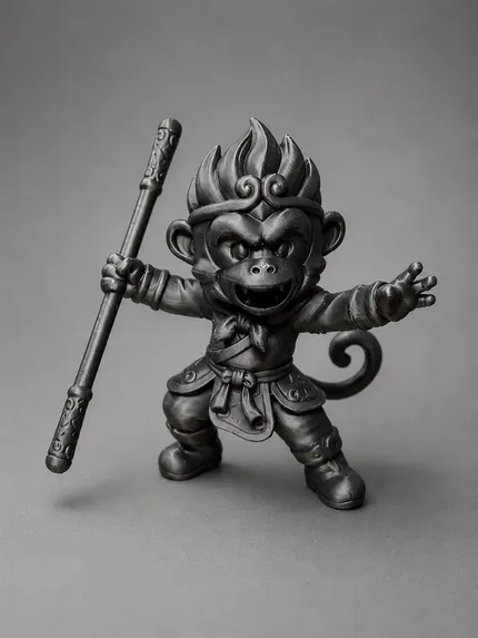 3D-geprinte Sun Wukong in vechthouding met staf in de opgeheven hand, mat zwart filament